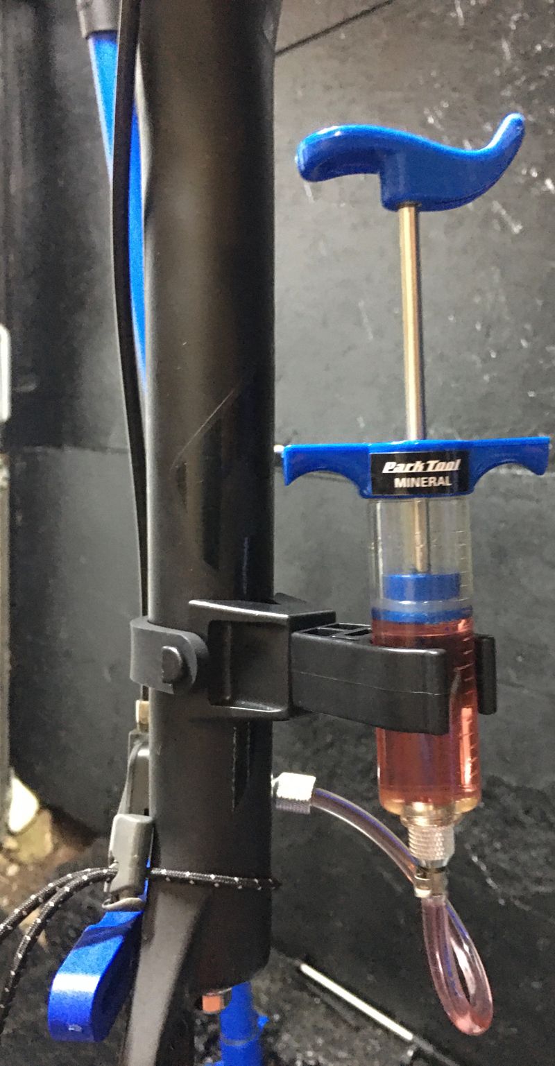 Hydraulic brake bleeding using a Park Tool mineral oil syringe