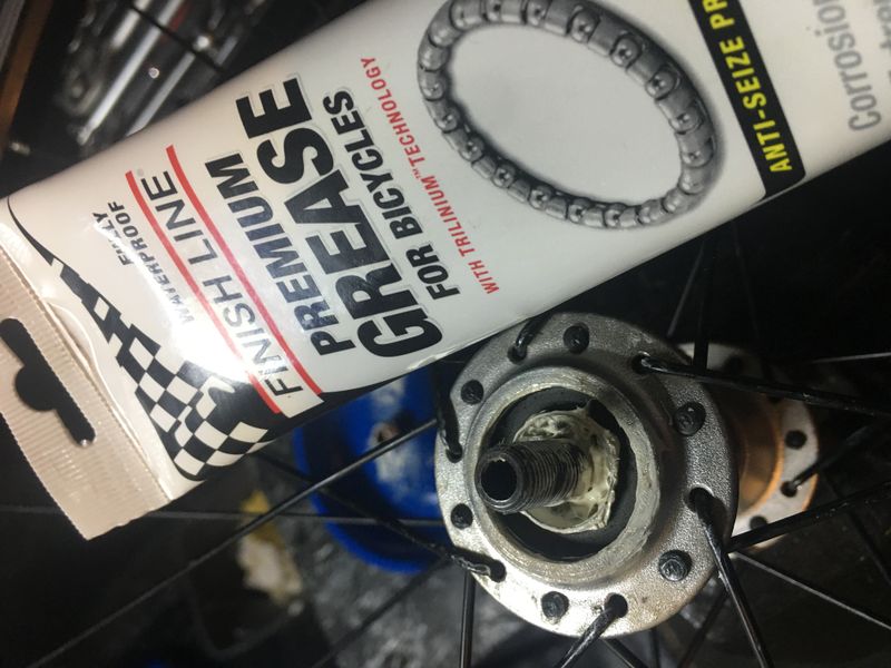 Wheel hub after service — freshly greased with Finish Line premium grease